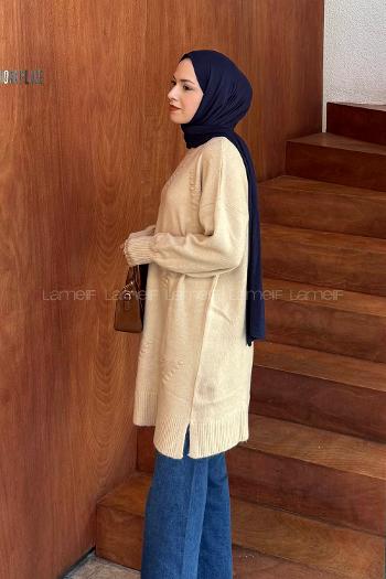 Lamelif Nakış Detaylı Triko Kazak Sütlü Kahve