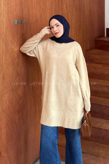 Lamelif Nakış Detaylı Triko Kazak Sütlü Kahve