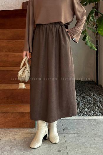 Lamelif Tesettür Süet Etek Kahverengi