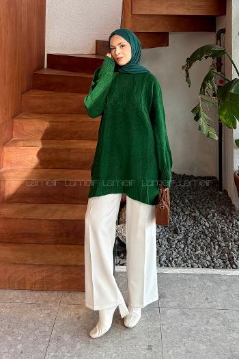 Lamelif Triko Tesettür Kazak Çimen Yeşili