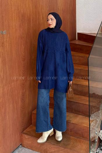 Lamelif Triko Tesettür Kazak Saks Mavisi
