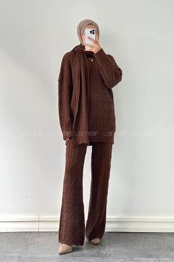 Lamelif Atkılı Örülü Tesettür Takım Acı Kahve