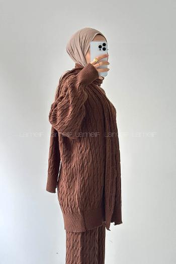 Lamelif Atkılı Örülü Tesettür Takım Acı Kahve