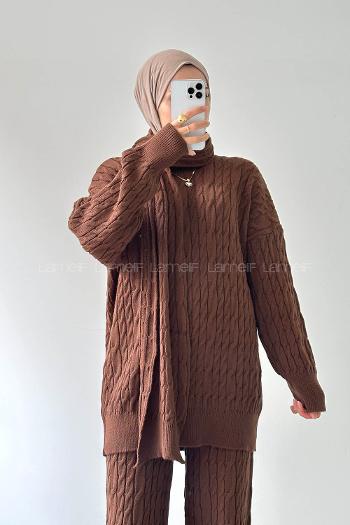 Lamelif Atkılı Örülü Tesettür Takım Acı Kahve