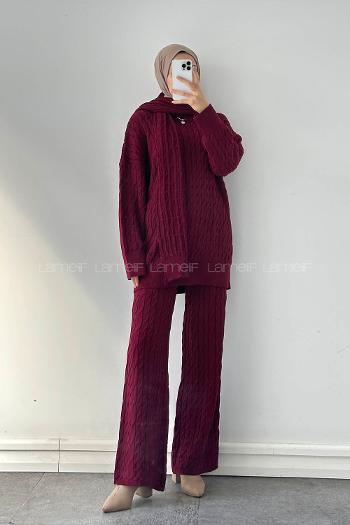 Lamelif Atkılı Örülü Tesettür Takım Bordo