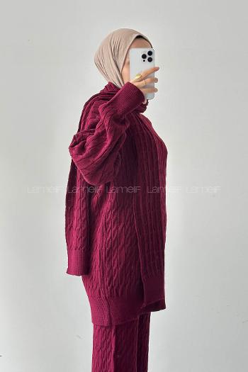 Lamelif Atkılı Örülü Tesettür Takım Bordo