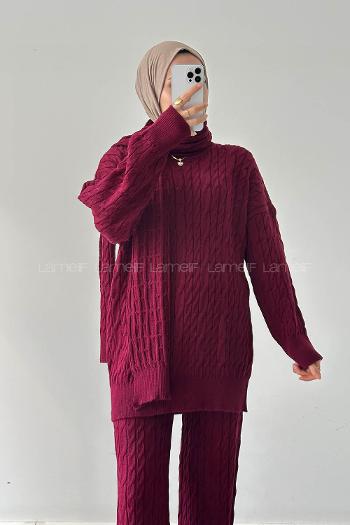 Lamelif Atkılı Örülü Tesettür Takım Bordo