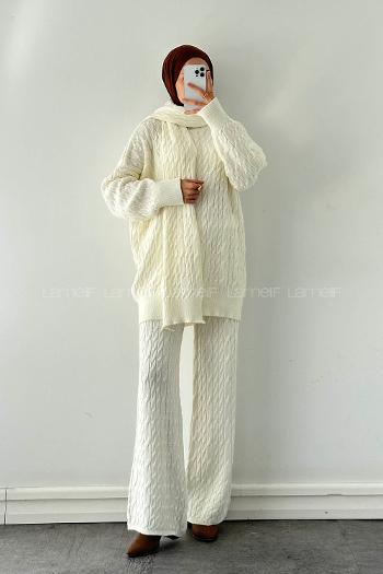 Lamelif Atkılı Örülü Tesettür Takım Krem