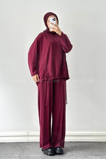 Claret Red Crew Neck Long Arm Cotton Regular Trousers Comfortable Suit
