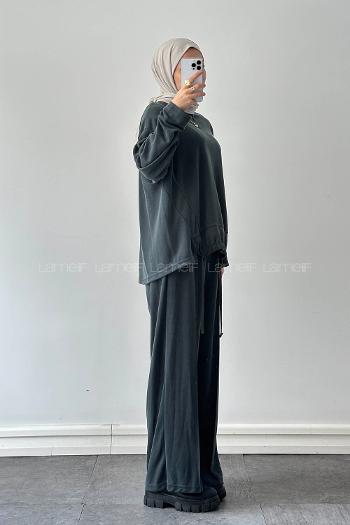 Oil Green Crew Neck Long Arm Cotton Regular Trousers Comfortable Suit