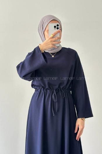 Lamelif Bel Tünel Detaylı Elbise Lacivert