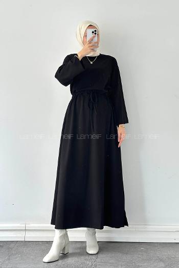 Lamelif Bel Tünel Detaylı Elbise Siyah