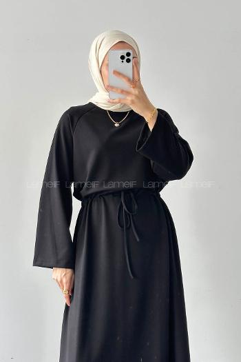 Lamelif Bel Tünel Detaylı Elbise Siyah