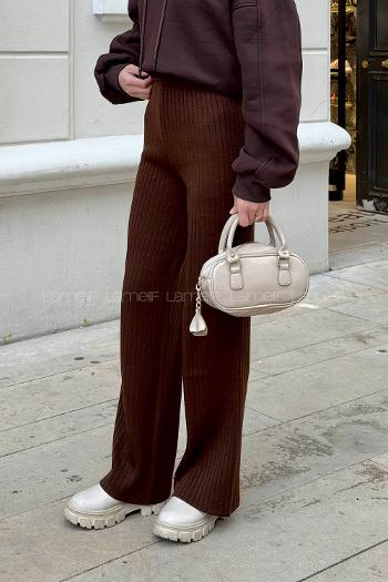 Lamelif Fitilli Triko Pantolon Kahverengi