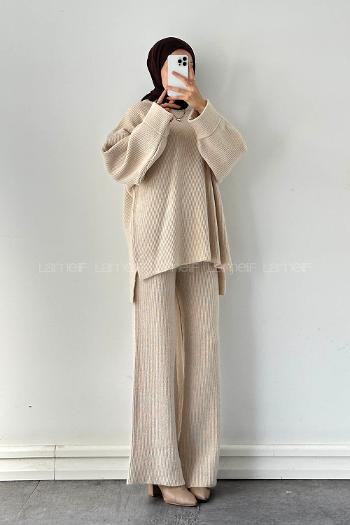 Lamelif Fitilli Triko Takım Taş Rengi