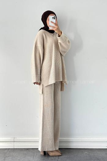 Lamelif Fitilli Triko Takım Taş Rengi