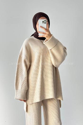 Lamelif Fitilli Triko Takım Taş Rengi