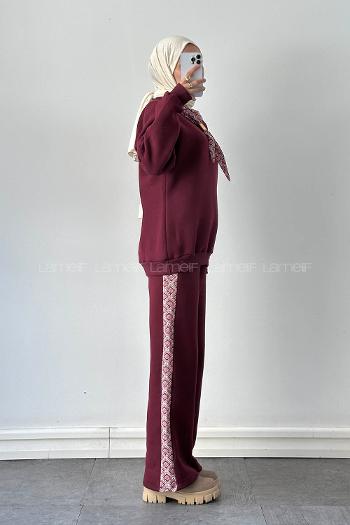 Claret Red Crew Neck Long Arm Cotton Regular Trousers Comfortable Suit