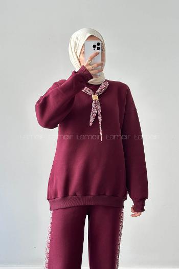 Claret Red Crew Neck Long Arm Cotton Regular Trousers Comfortable Suit