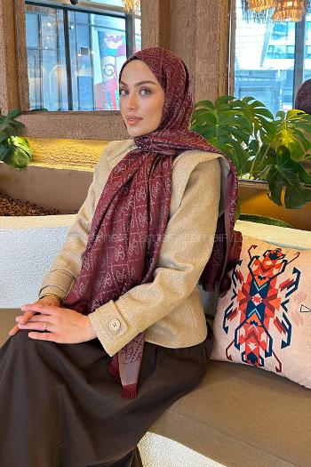 Lamelif Guess Desen Kaşmir Çift Taraflı Şal Bordo