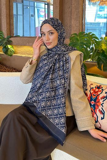 Midnight Blue Cotton Fabric Striped Shawl