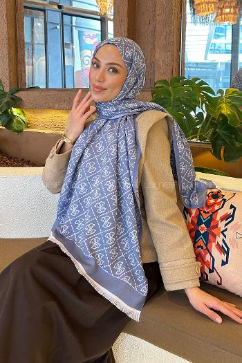 Denim Blue Cotton Fabric Striped Shawl