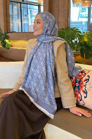 Denim Blue Cotton Fabric Striped Shawl