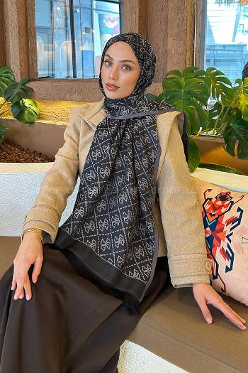 Black Ecru Cotton Fabric Striped Shawl