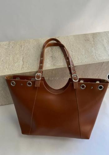 Lamelif Gümüş Halka Detaylı Kadın Omuz Çantası Taba