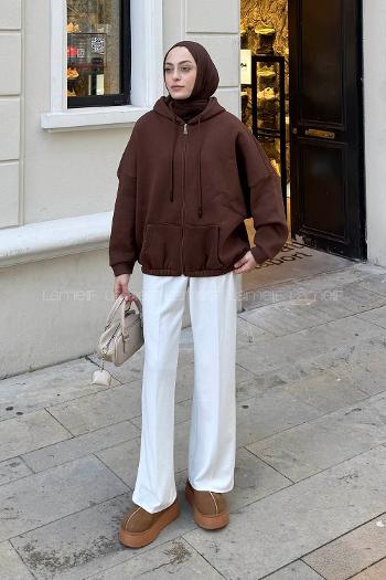 Lamelif Kanguru Cep Fermuarlı Sweatshirt Kahverengi