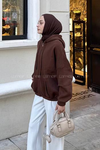 Lamelif Kanguru Cep Fermuarlı Sweatshirt Kahverengi