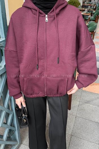 Lamelif Kanguru Cep Fermuarlı Sweatshirt Mürdüm