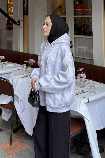 Lamelif Kapüşon Yaka Cepli Sweatshirt Gri