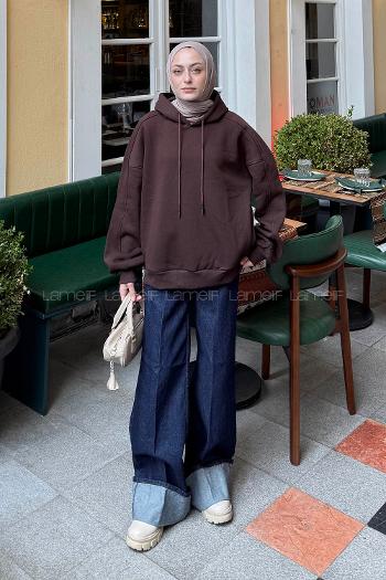 Lamelif Kapüşon Yaka Cepli Sweatshirt Kahverengi