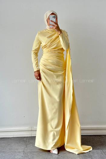 Lamelif Pelerin Detaylı Taşlı Elbise Sarı