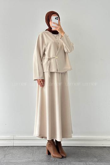 Lamelif Bağlama Detaylı Etekli Takım Bej
