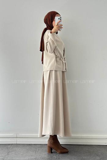 Lamelif Bağlama Detaylı Etekli Takım Bej
