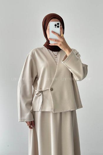 Lamelif Bağlama Detaylı Etekli Takım Bej