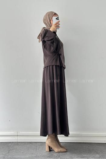 Brown V Neck Long Arm Cotton Flared Skirt Suit