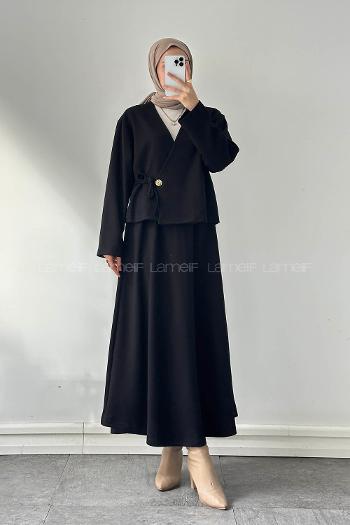 Lamelif Bağlama Detaylı Etekli Takım siyah