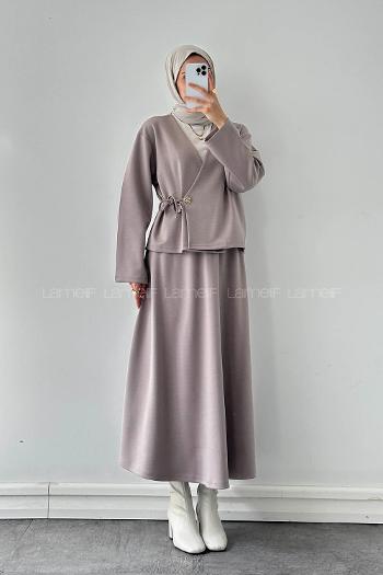 Lamelif Bağlama Detaylı Etekli Takım vizonrengi