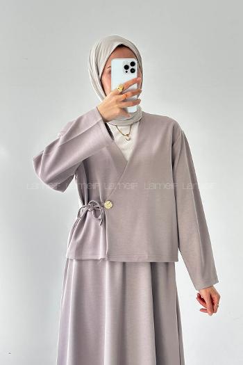 Lamelif Bağlama Detaylı Etekli Takım vizonrengi