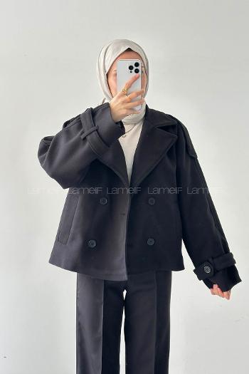 Lamelif Fleto Cep Apoletli Kaşe Kaban Siyah