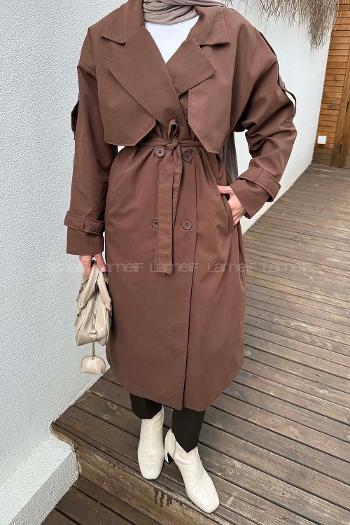 Lamelif Apoletli Klasik Kuşaklı Trençkot Acı Kahve
