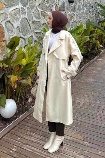 Lamelif Apoletli Klasik Kuşaklı Trençkot Krem