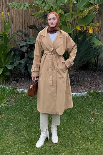 Lamelif Apoletli Klasik Kuşaklı Trençkot Toprak Rengi