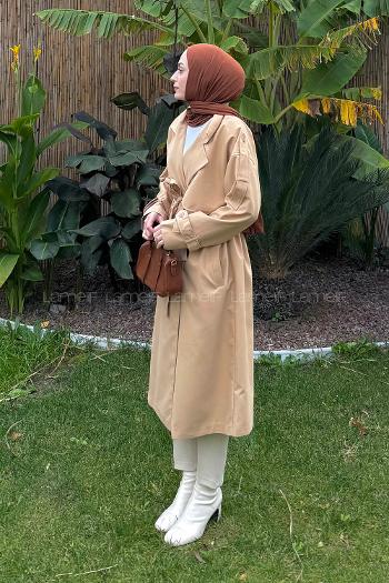 Lamelif Apoletli Klasik Kuşaklı Trençkot Toprak Rengi