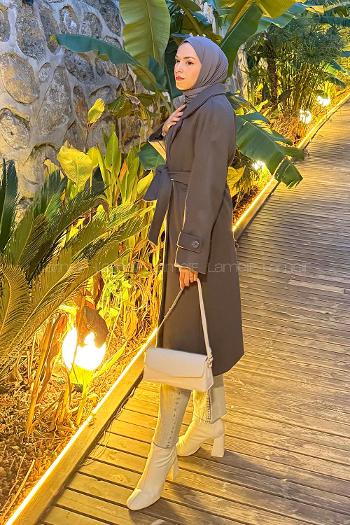 Lamelif Bağlama Detaylı Kaşe Kaban Antrasit