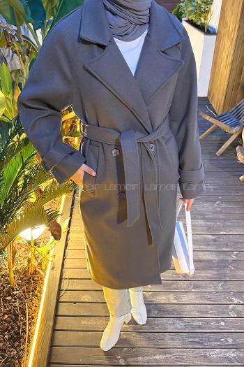 Lamelif Bağlama Detaylı Kaşe Kaban Antrasit