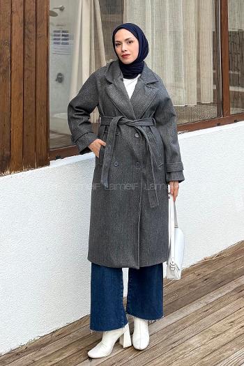 Lamelif Bağlama Detaylı Kaşe Kaban Antrasit